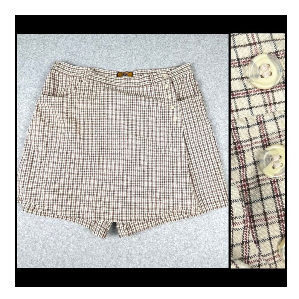 Baccini Linen Blend Skort Faux Wrap 5.5" Shorts Plaid Baggy Womens 24W Tan Pkts